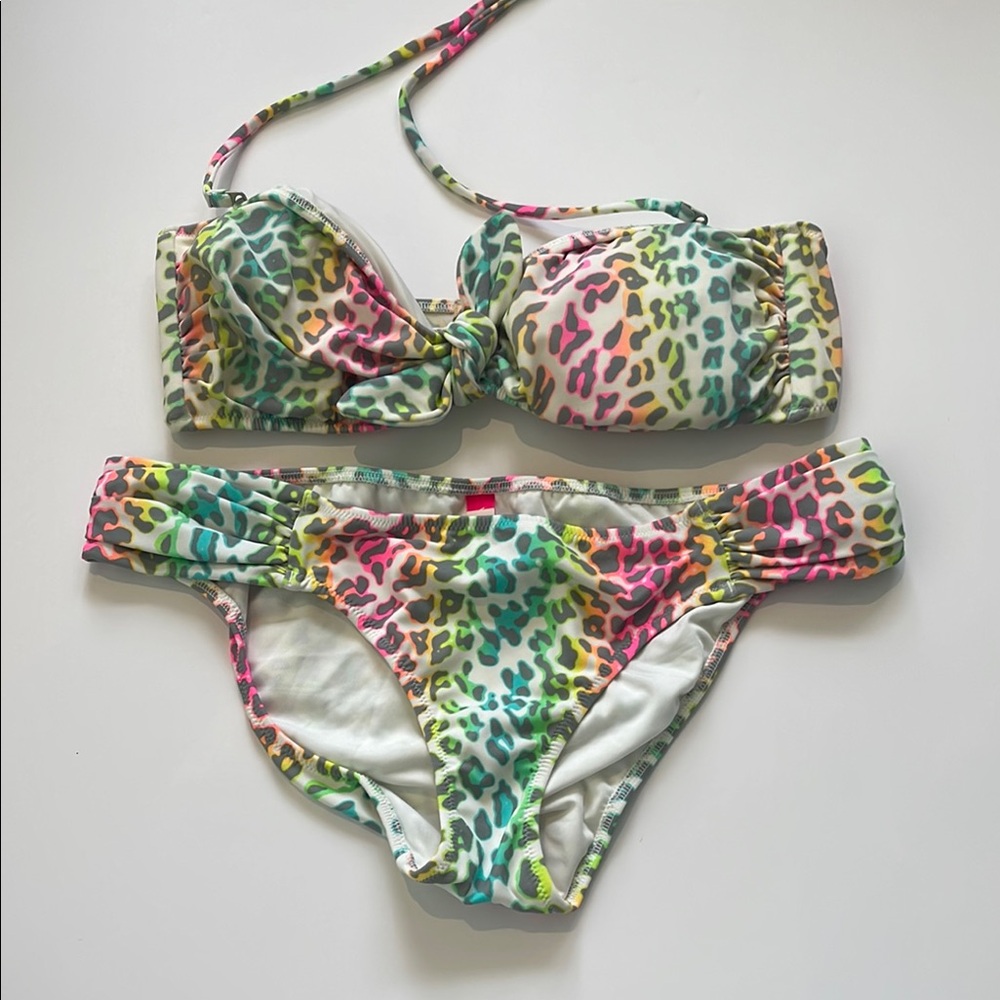 Victoria's Secret Neon Leopard Bandeau Bikini Set Top M Bottom S Y2K Swim